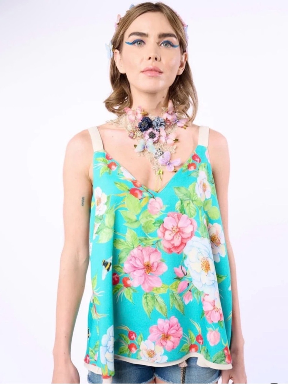 Aratta Floral Garden La Ville Rose Cami Tank Top Pink & White Flowers M